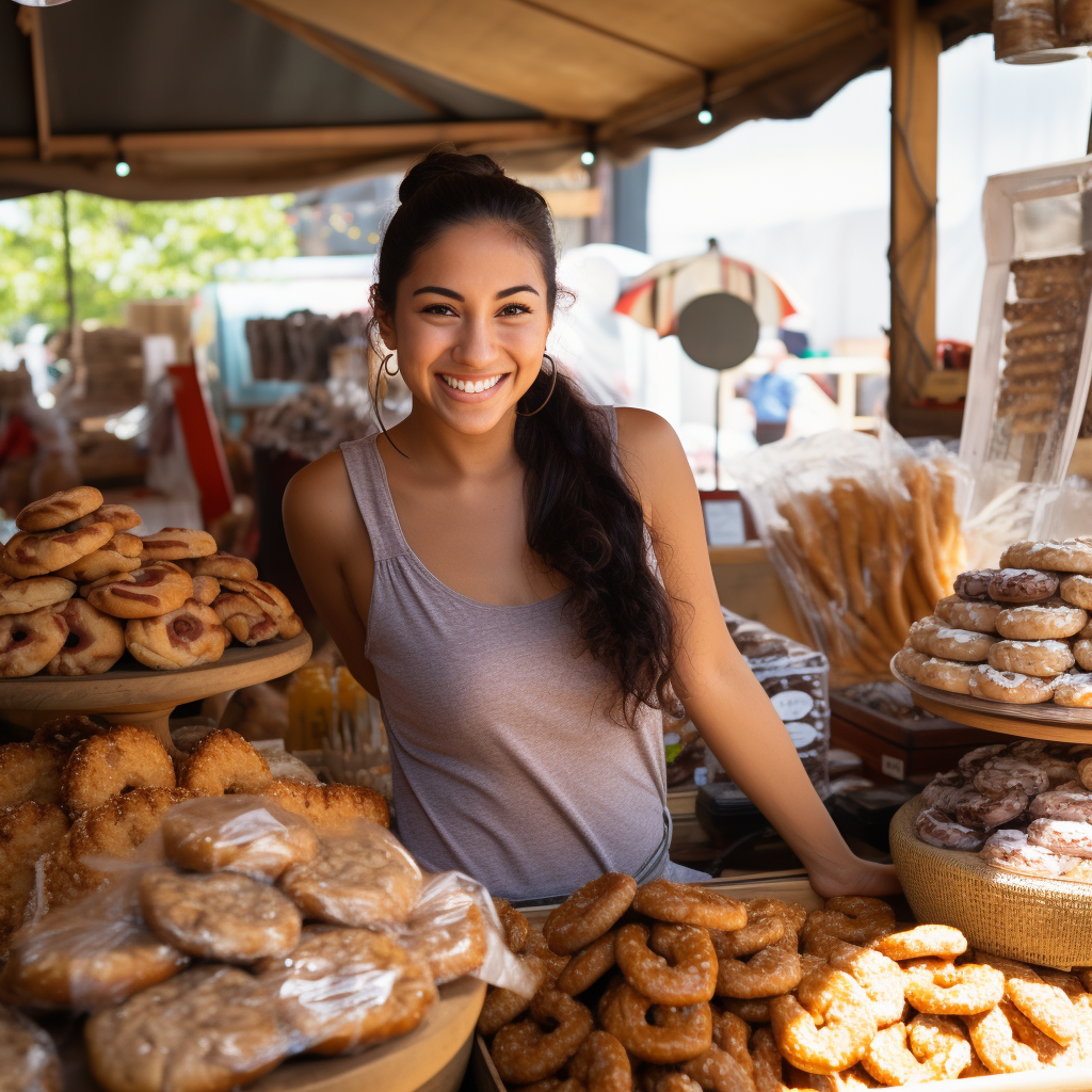 A woman selling baked goods at a farmer's market