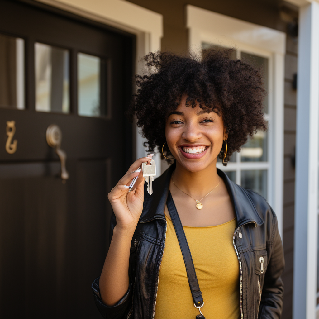 A woman holding keys to her new home
