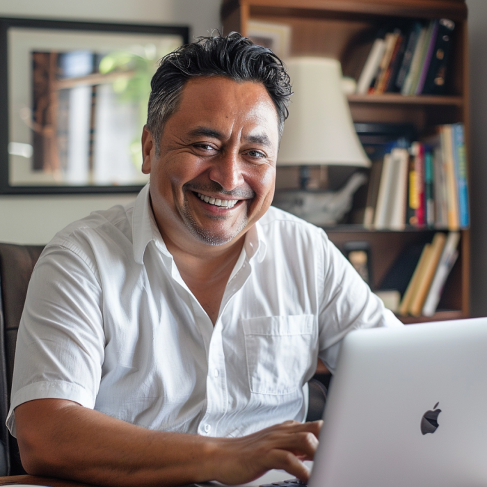 A man on his laptop. He is navigating payroll tax for his company