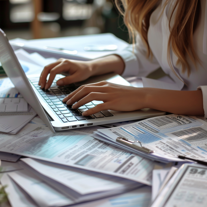 A woman filing taxes on laptop; surrounded by tax documents