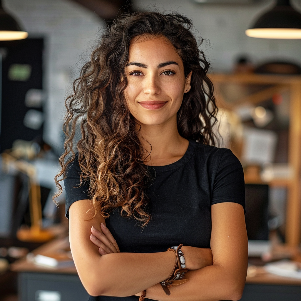 a tech startup founder smiling with her arms crossed