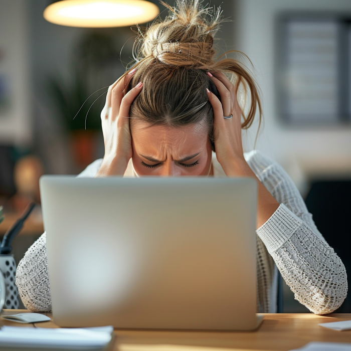 A woman stressed out at her laptop