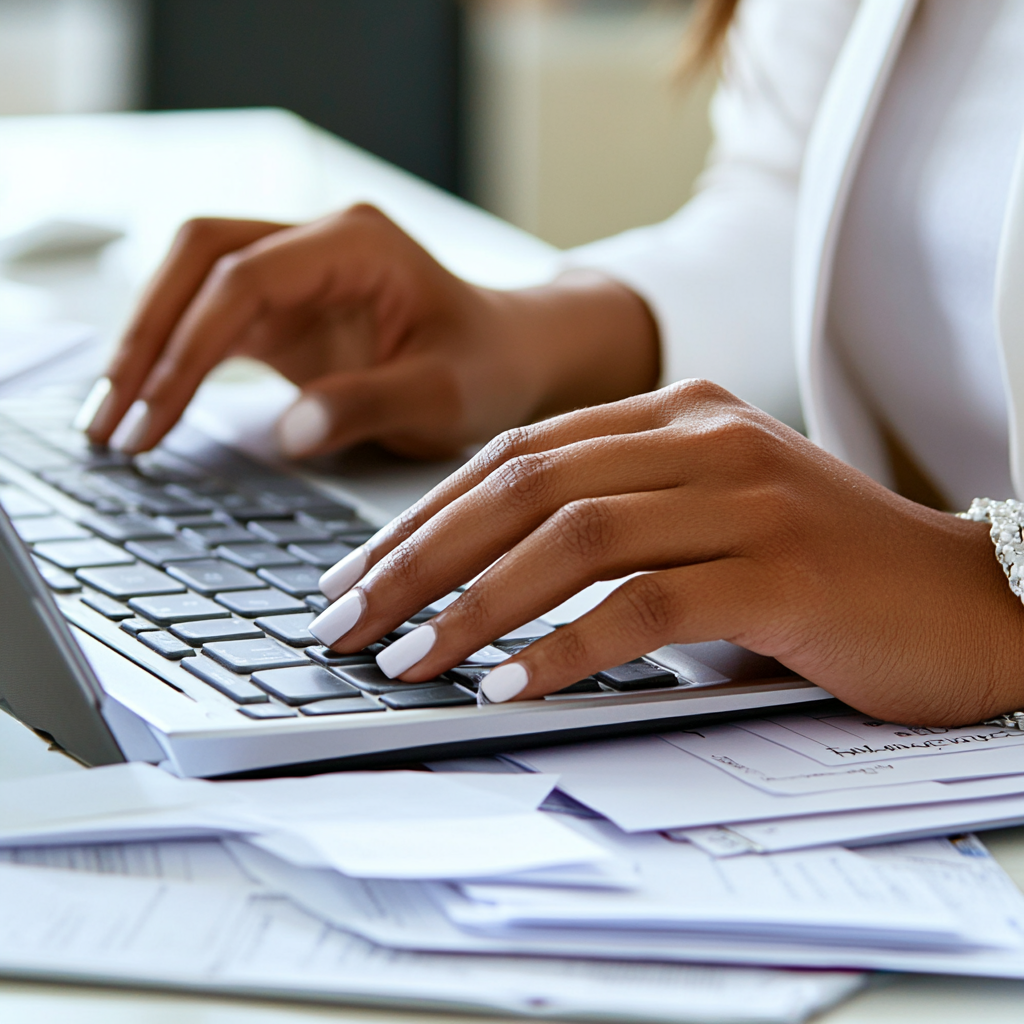 A woman's hands typing on a keyboard with invoices around her