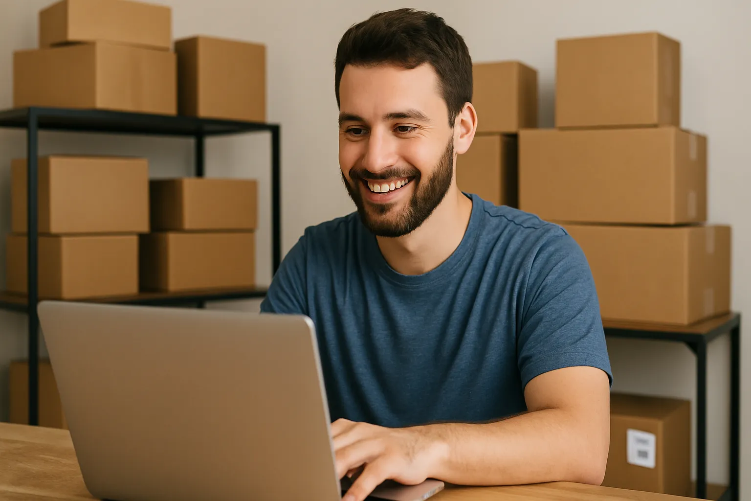 a ecommerce business owner with boxes behind him