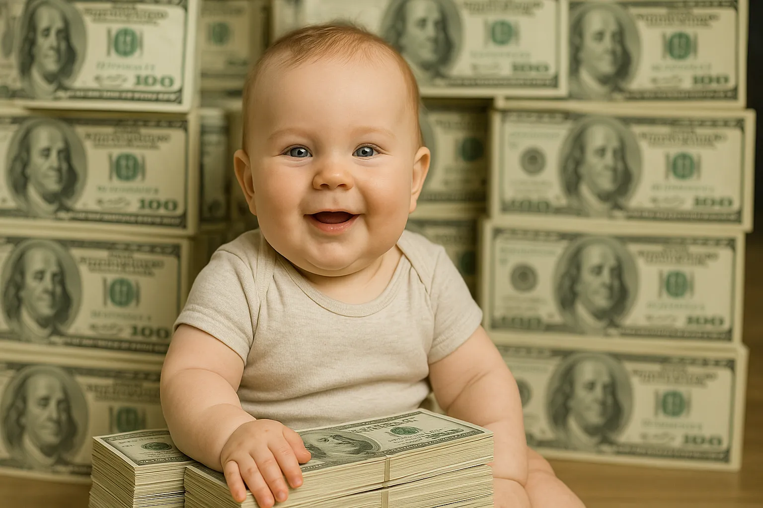 baby surrounded by money