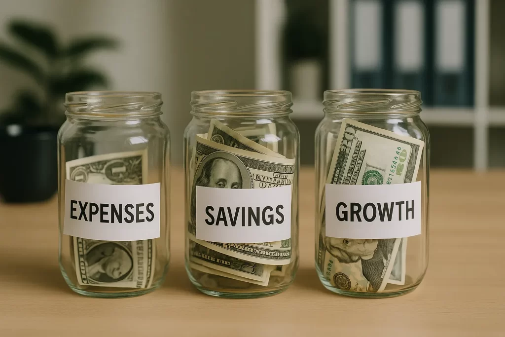 3 glass jars: expenses, savings, growth