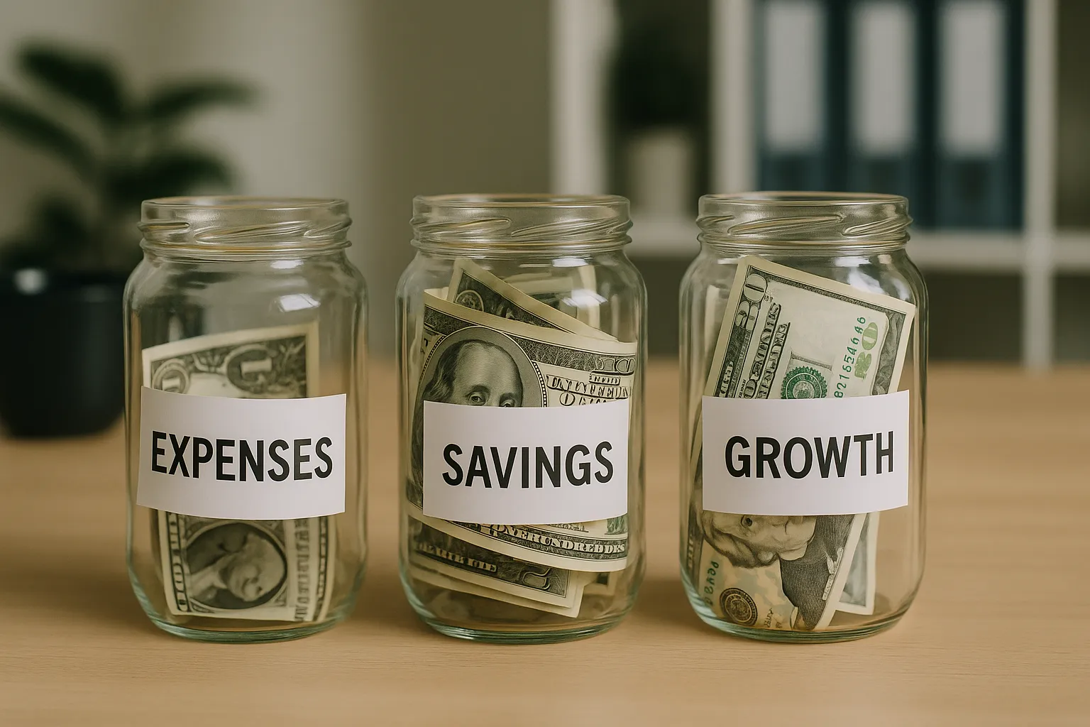 3 glass jars: expenses, savings, growth