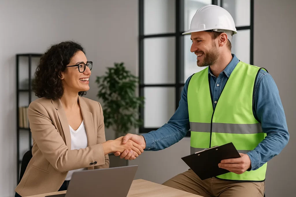 a woman shaking hands with an environmental consultant