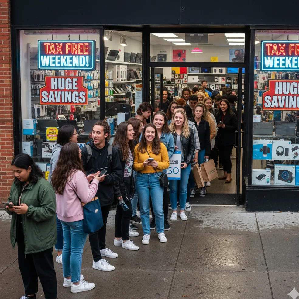 line at an electronics store during a tax free weekend