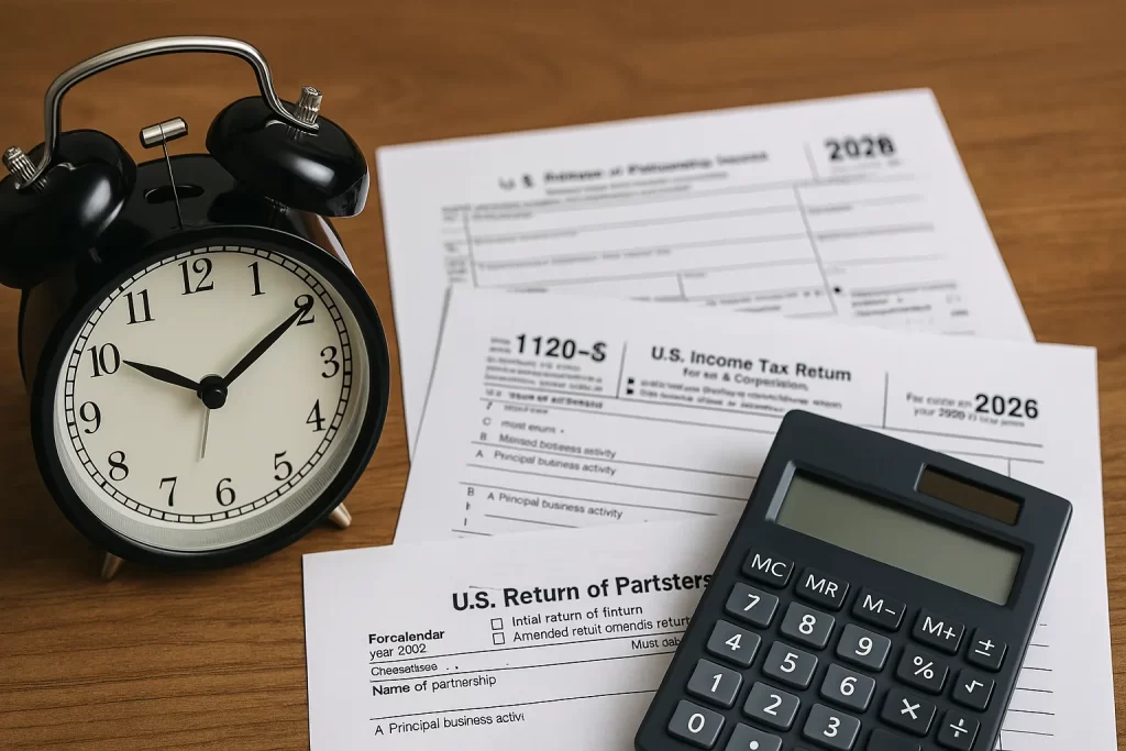 tax documents next to an alarm clock