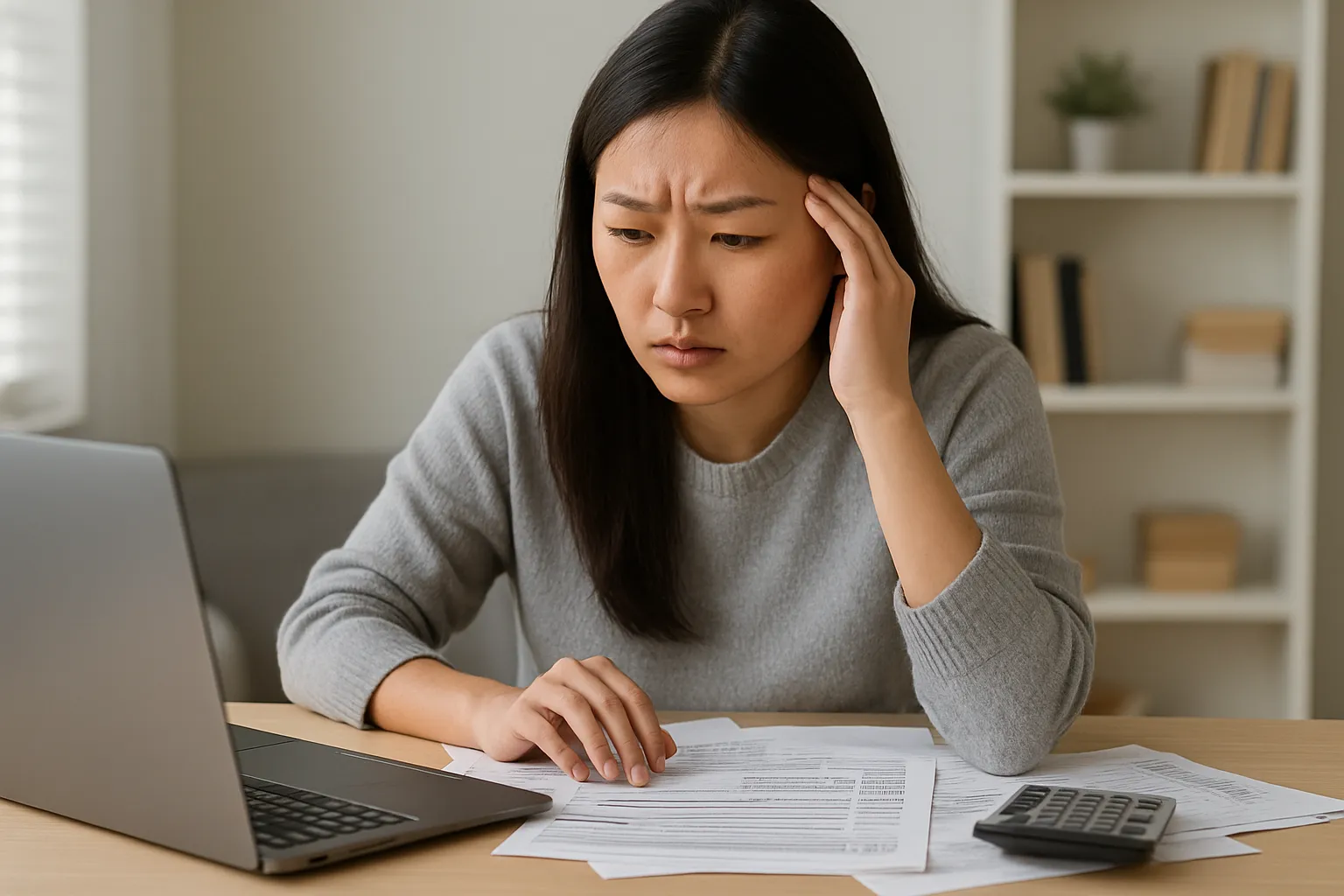 a woman stressed about underpaying her taxes