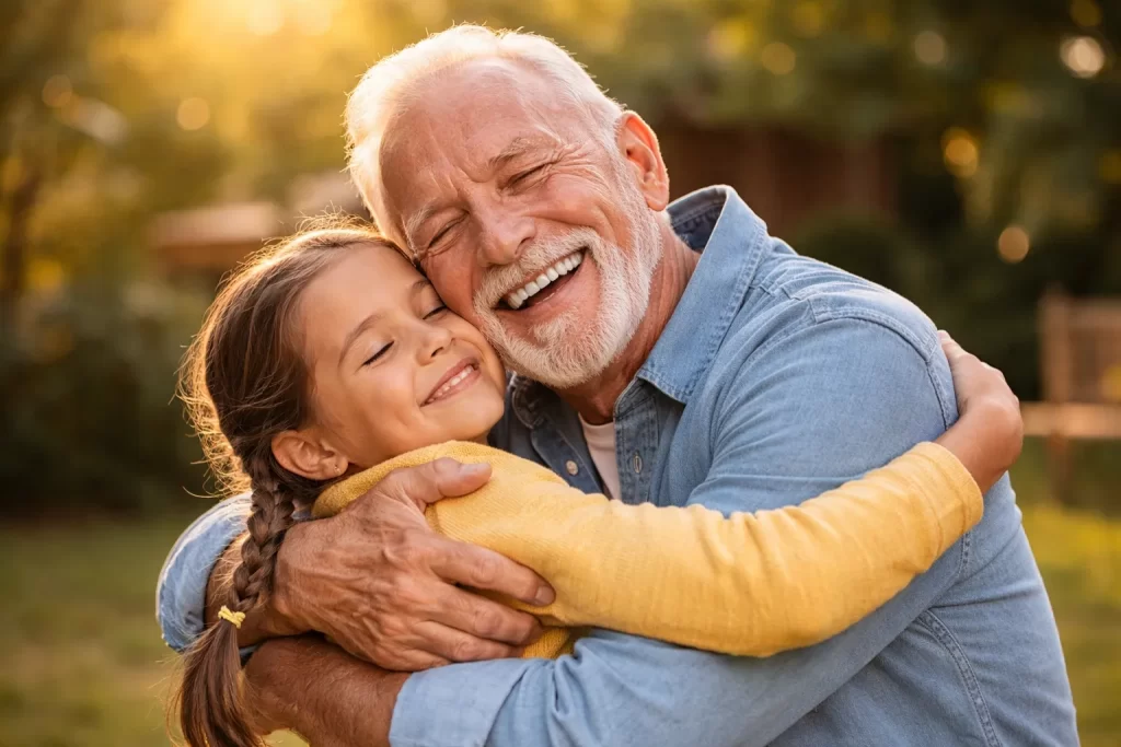 a man hugging his granddaughter