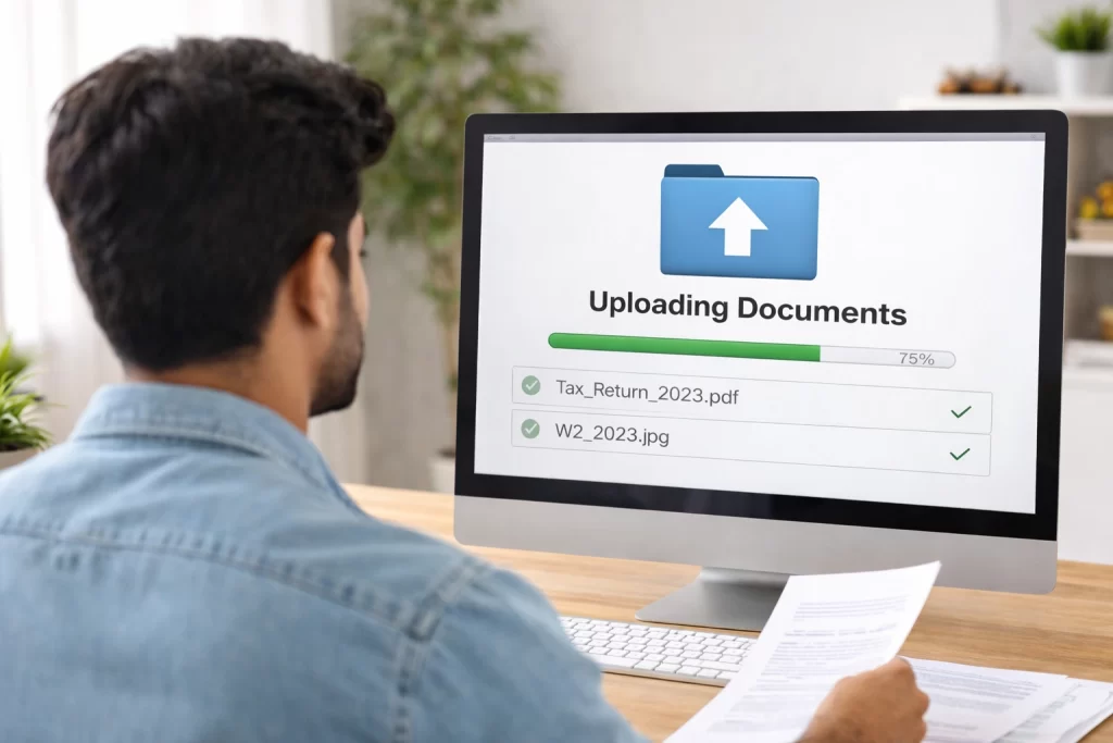man uploading tax documents on a computer