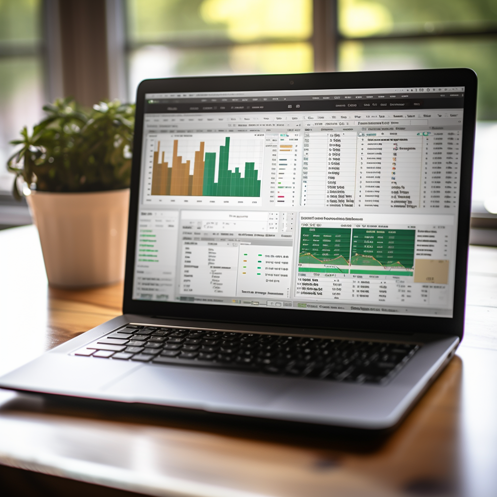 A close-up of a laptop screen that shows Excel charts monitoring finances and expense tracking.