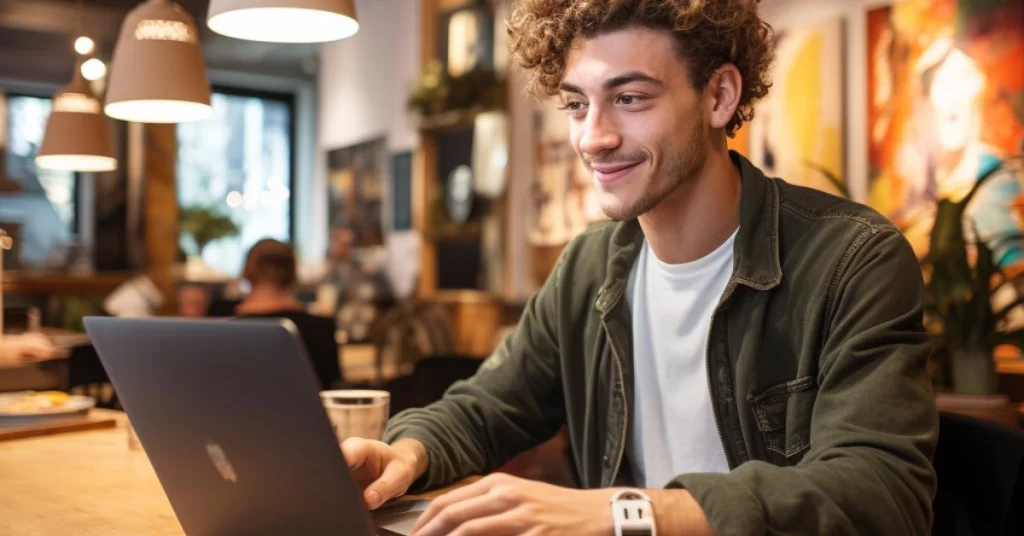 A young entrepreneur filing BOI report on his laptop in a cafe