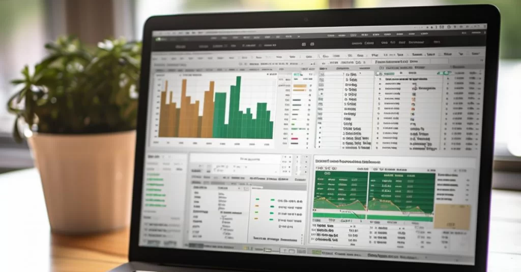 A close-up of a laptop with graphs and charts that show the finances of a small business.