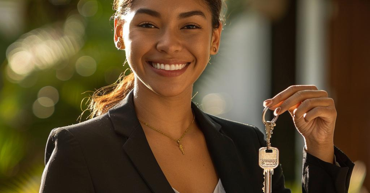 A woman holding up keys to a new house