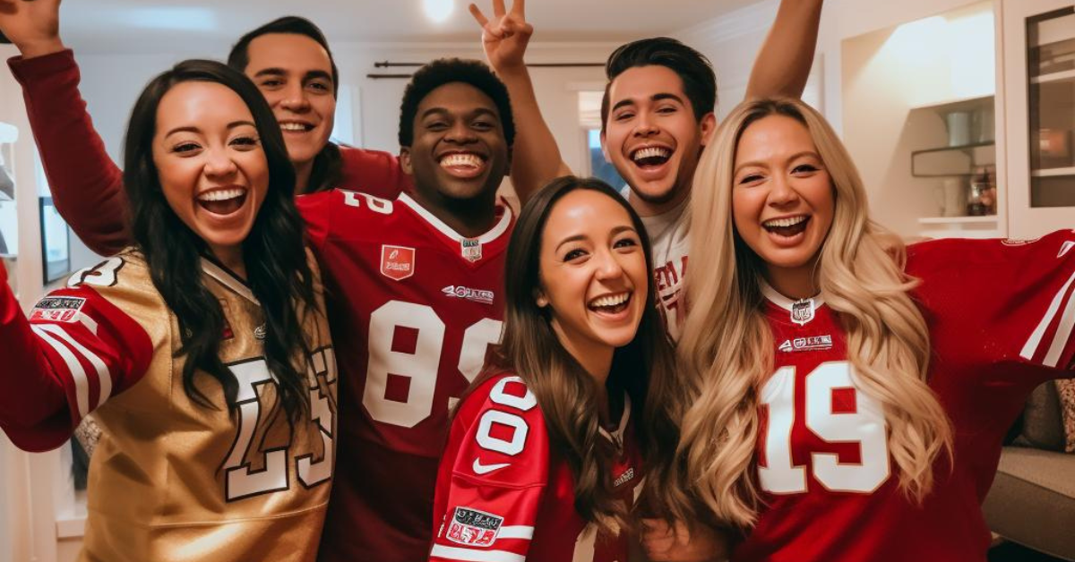 A group of friends wearing football jerseys at a Super Bowl party