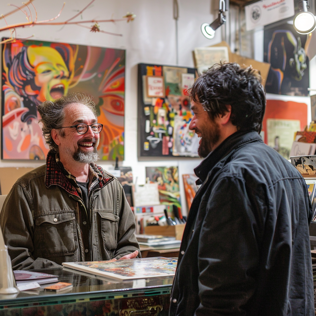 An artist smiling at a customer in his shop