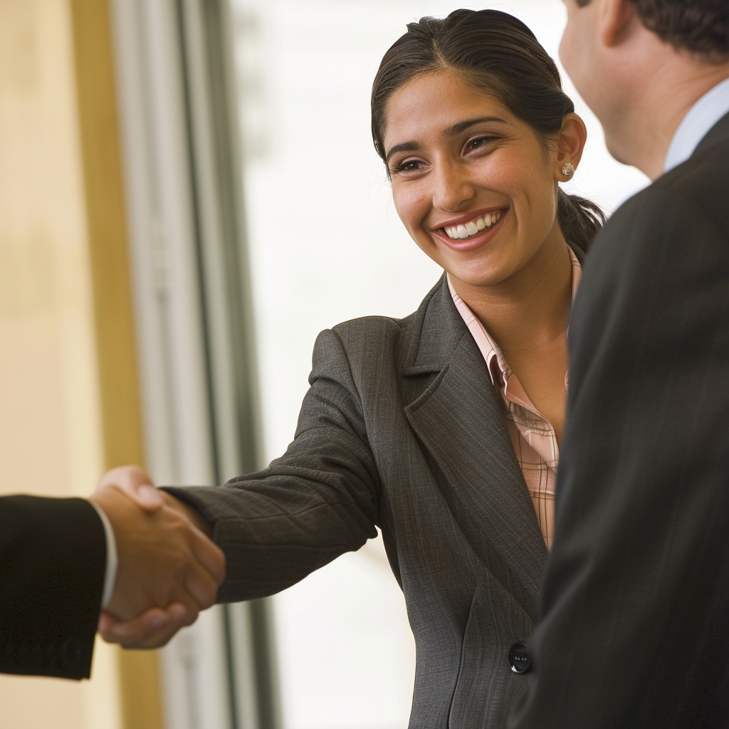 A photograph of a woman shaking hands with a hiring manager after an interview.