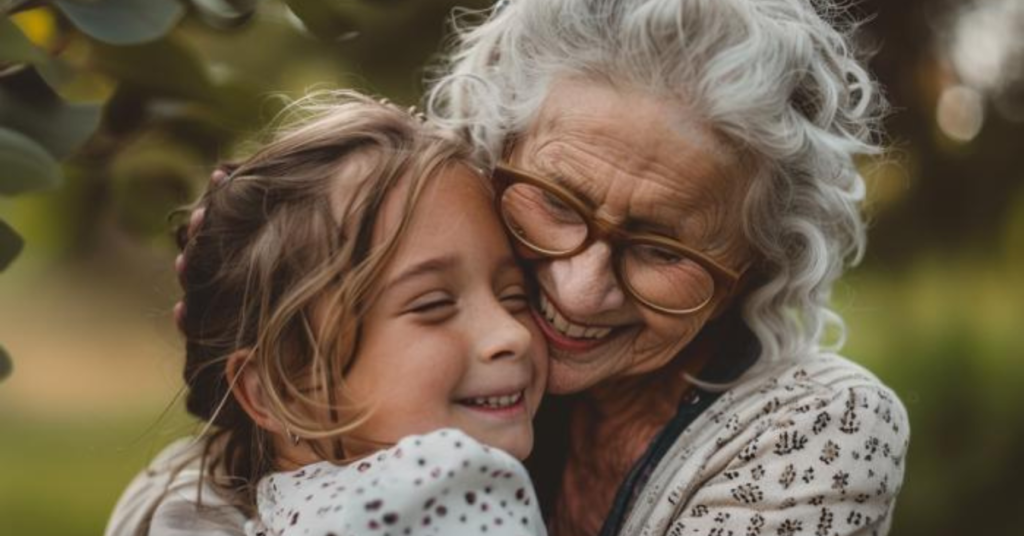 A grandmother hugging her granddaughter