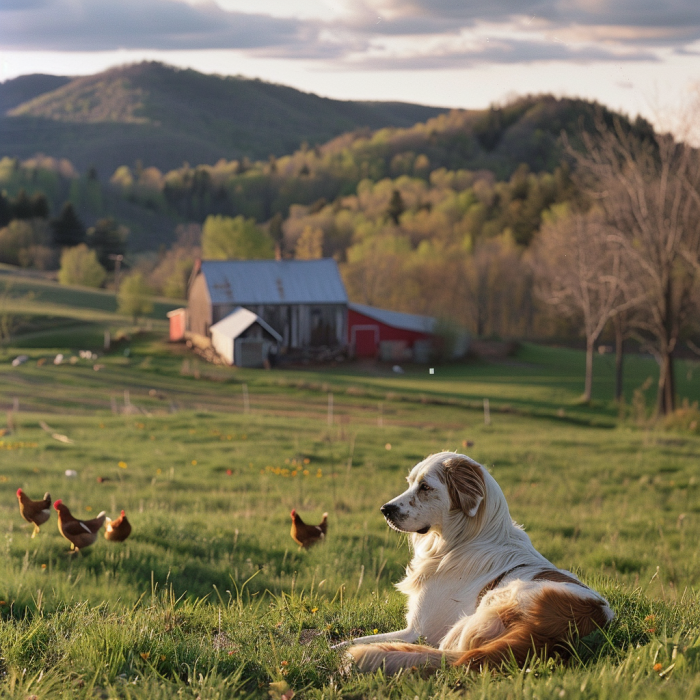A farm dog sitting in a field with chickens