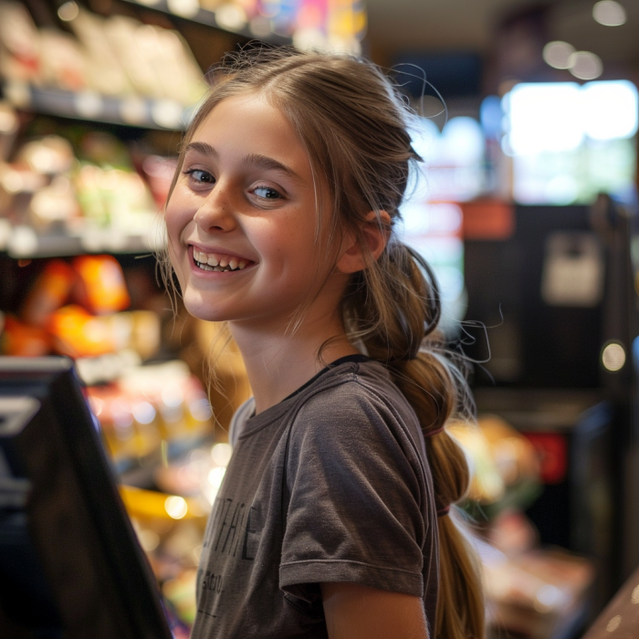 A young girl working as a cashier in a small shop