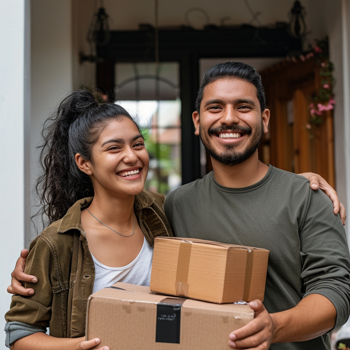 A young couple holding a box in front of their new home