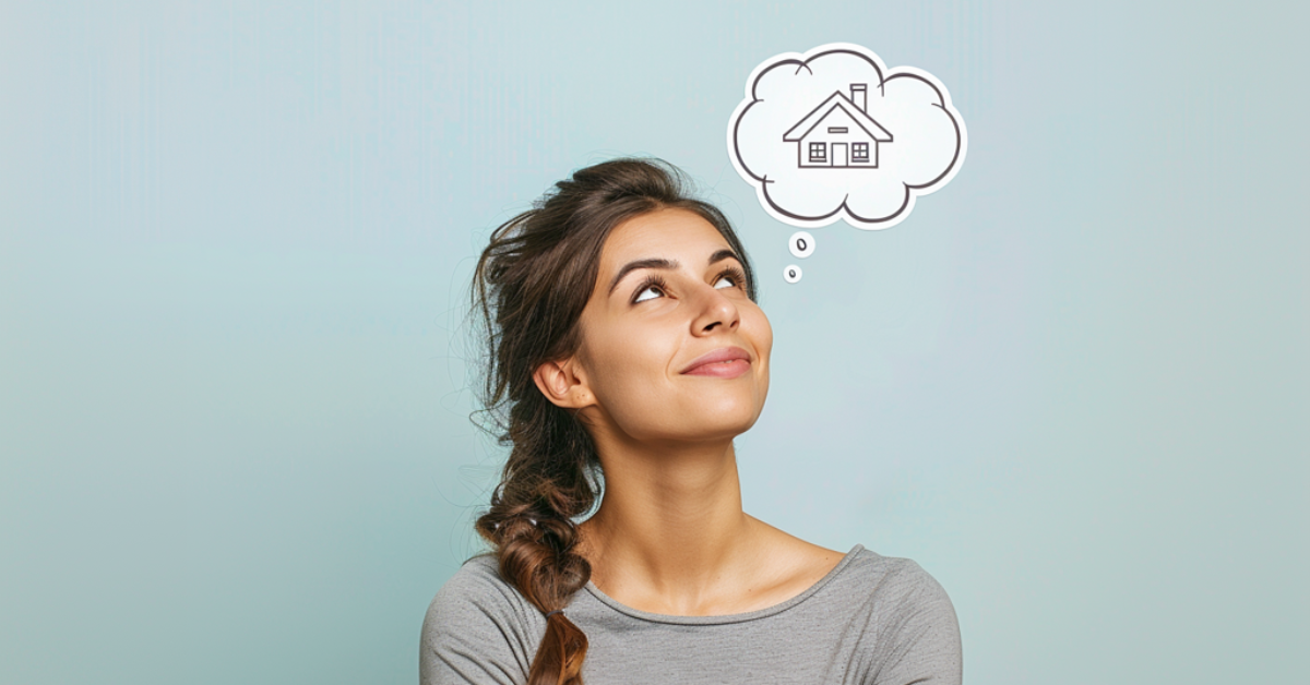 A woman with a thought bubble with a house in it, thinking of whether she should rent or buy