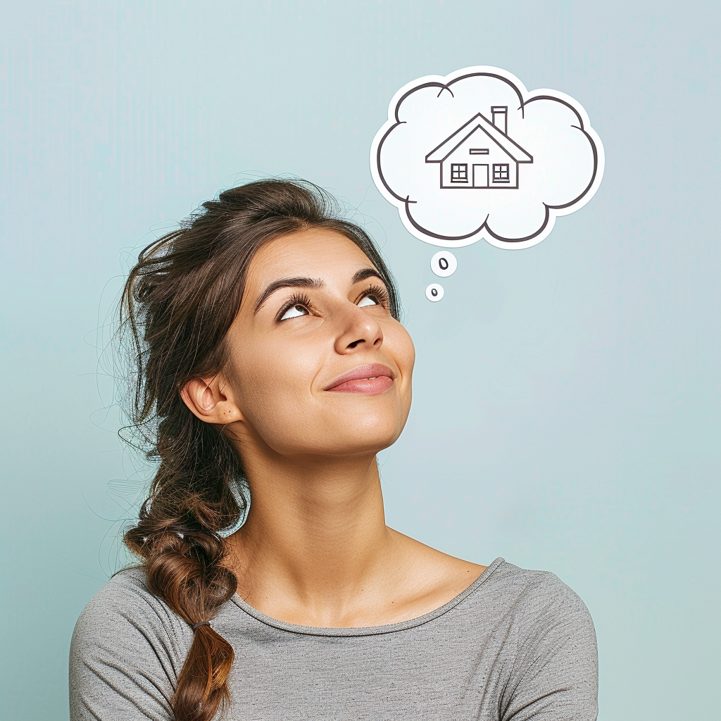 A woman with a thought bubble with a house in it. thinking about whether she should rent or buy