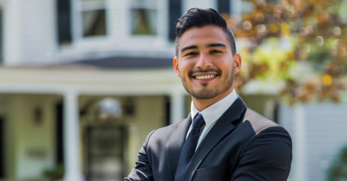 A realtor in front of a home