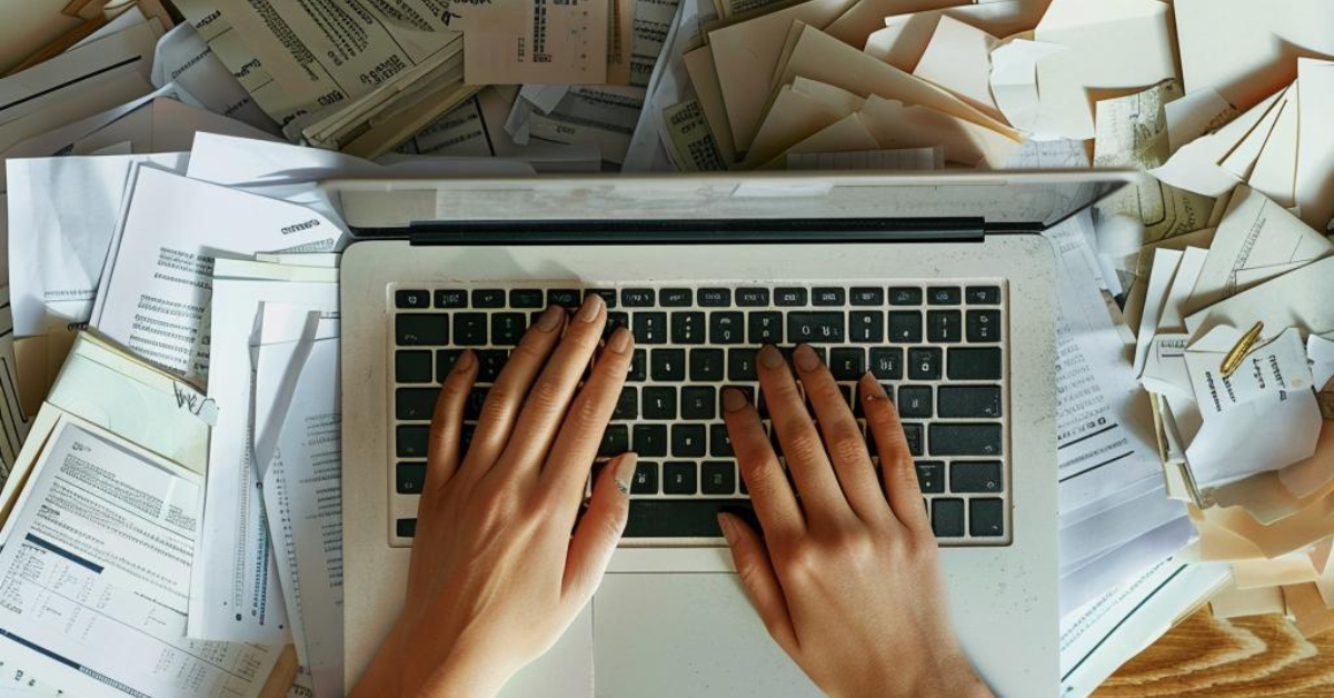 A picture of a womans hands typing on laptop