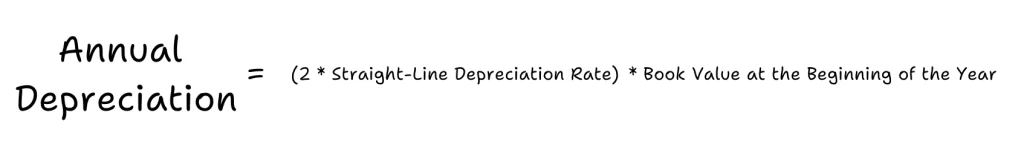 The double declining balance method formula. annual depreciation = (2 * straight-line depreciation rate) * book value at the beginning of the year