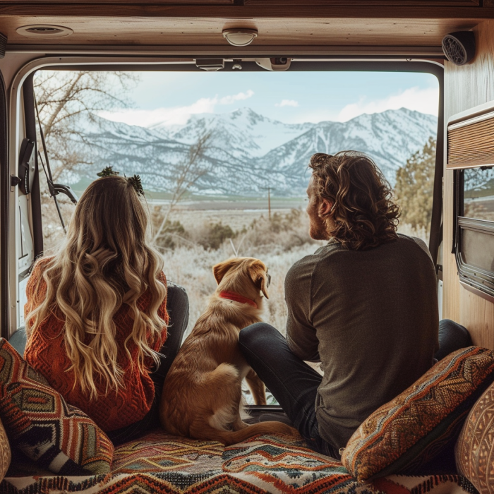 A couple and their dog living in an RV