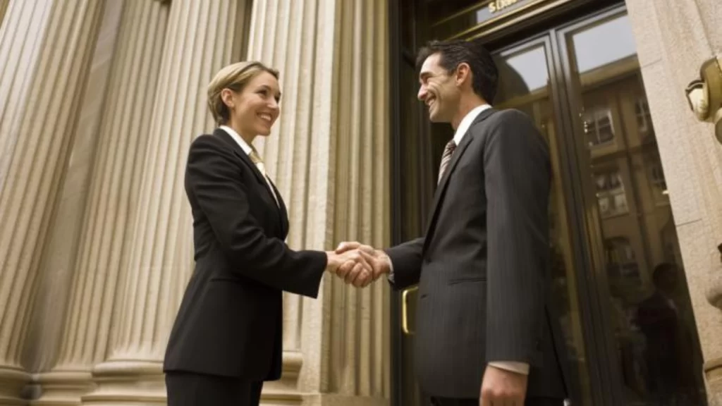 a woman shaking hands with a man outside of a bank