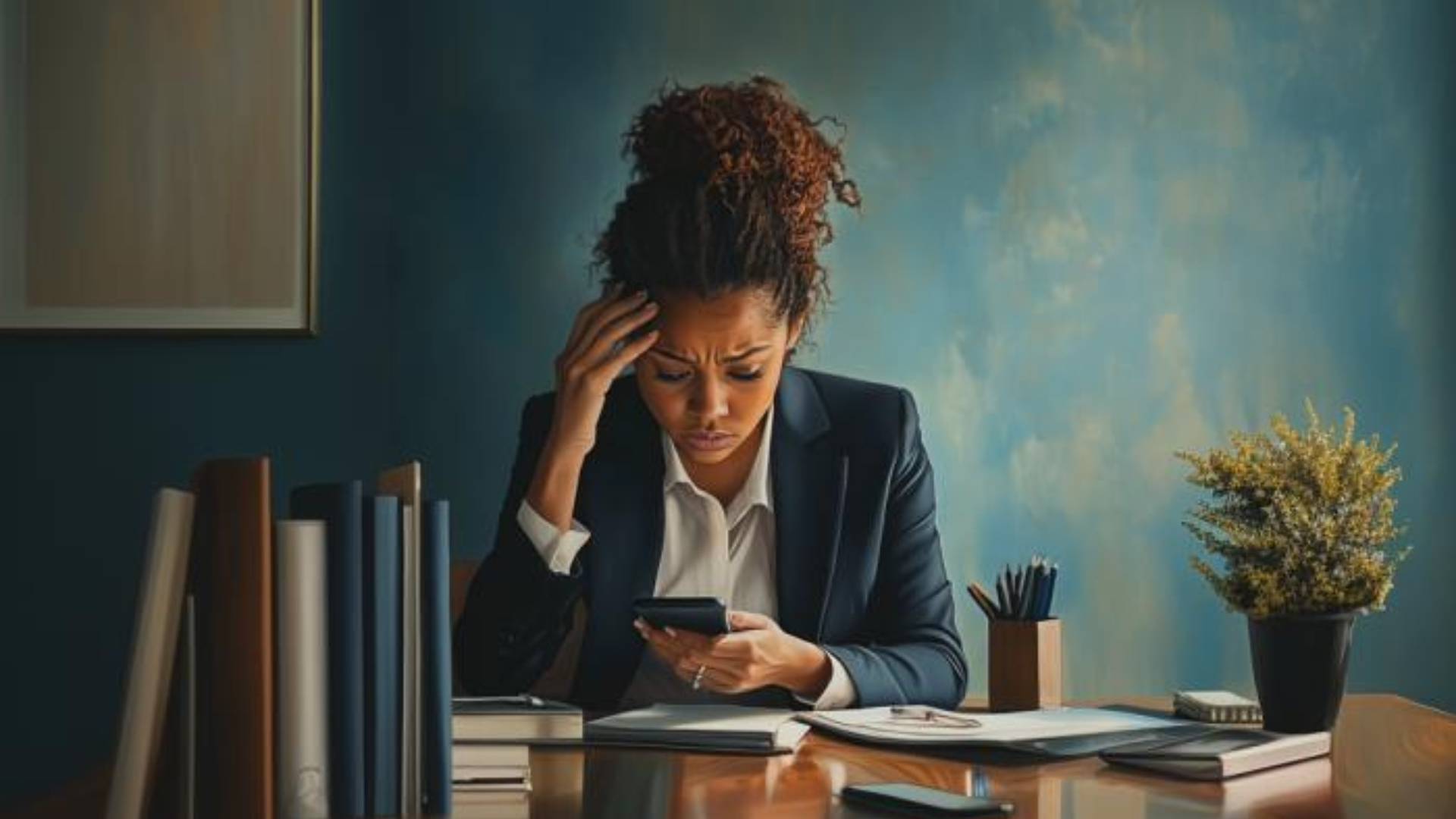 a woman looking at her phone and stressing out