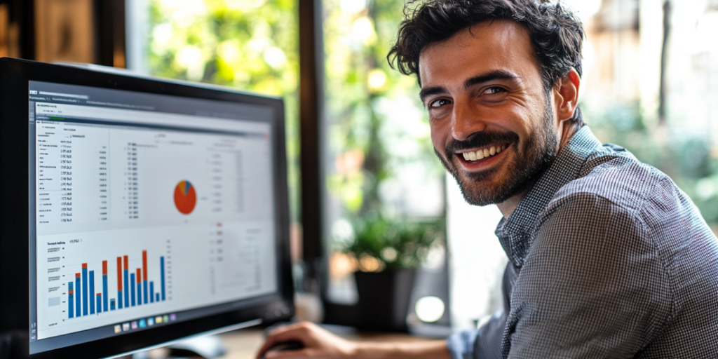 man looking at graphs on computer screen