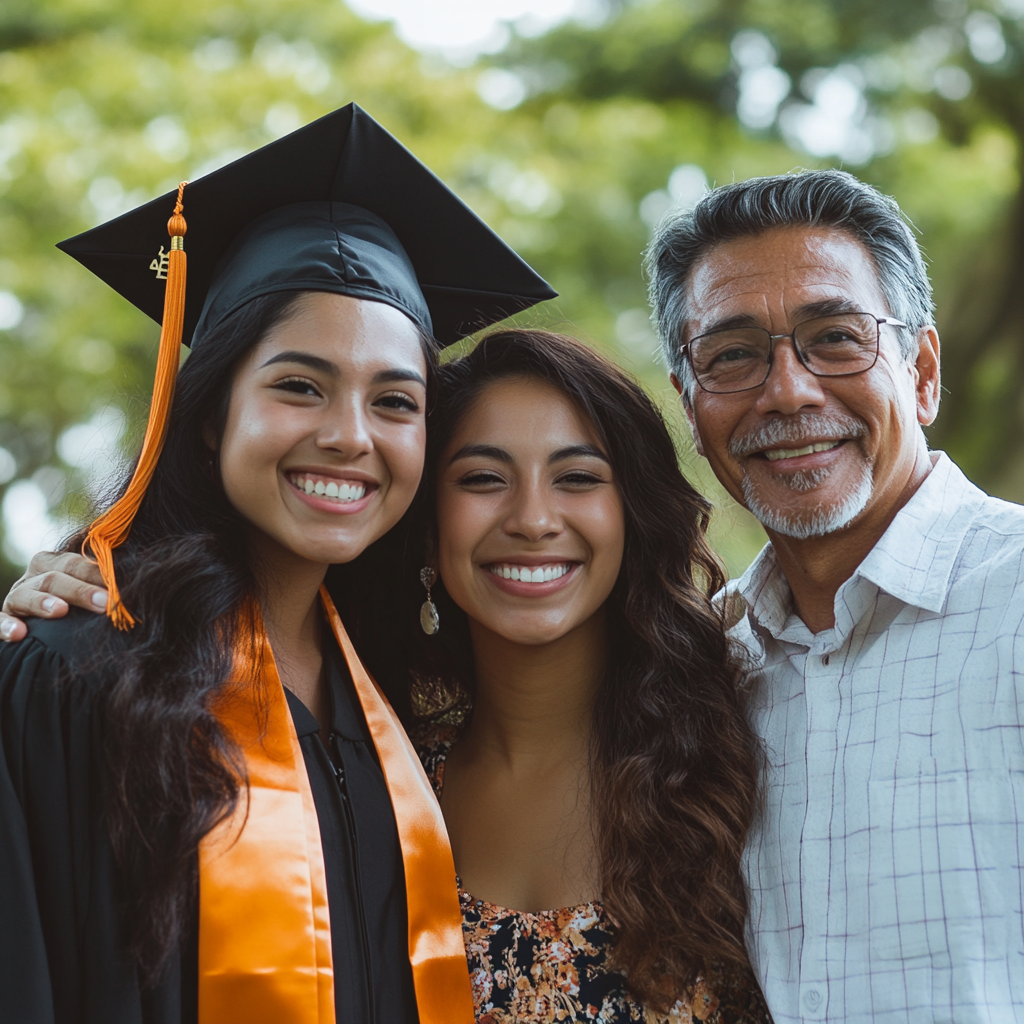 a graduate standing with her parents