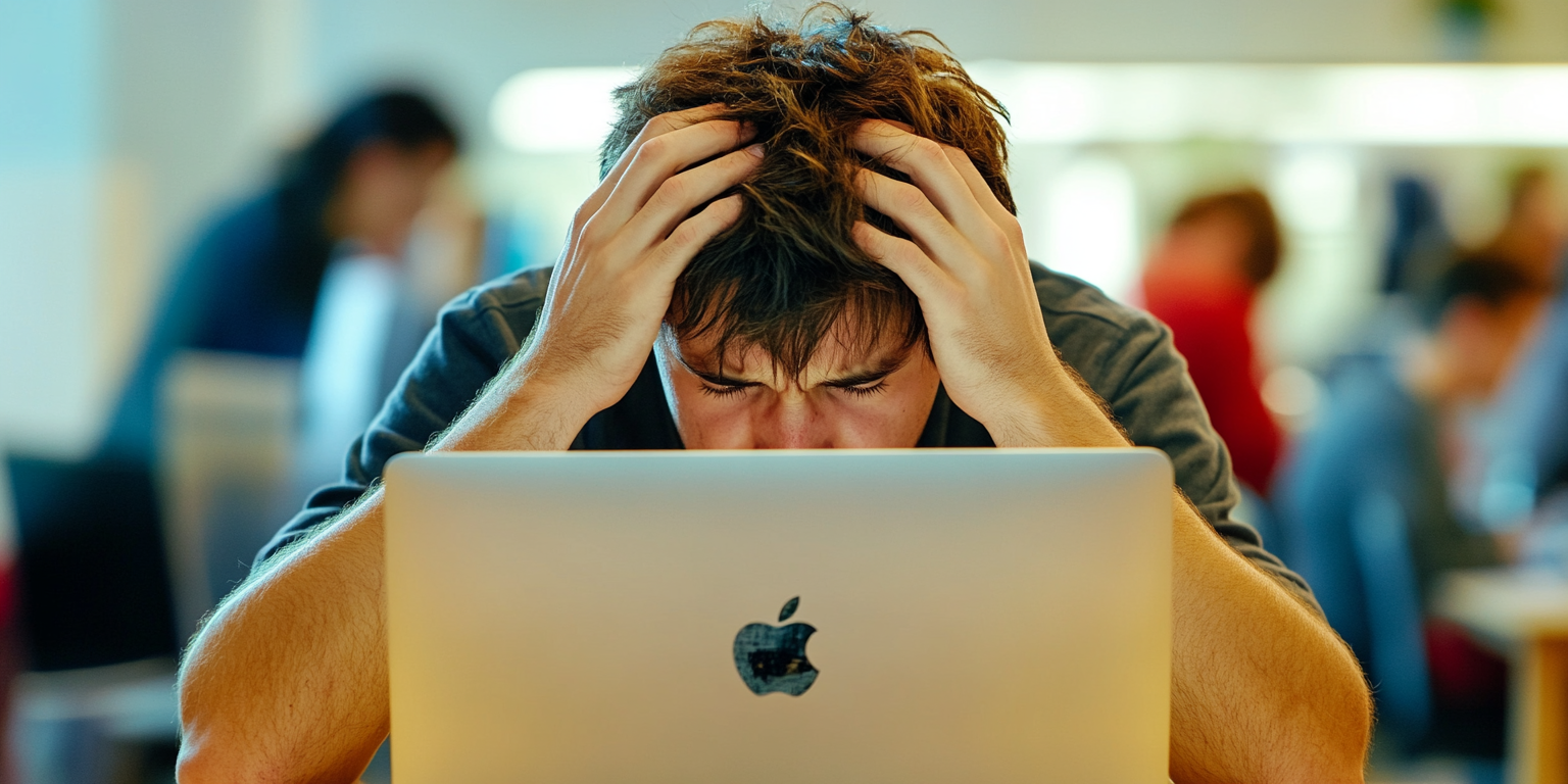 man stressed at laptop about business losses and whether he'll get a refund