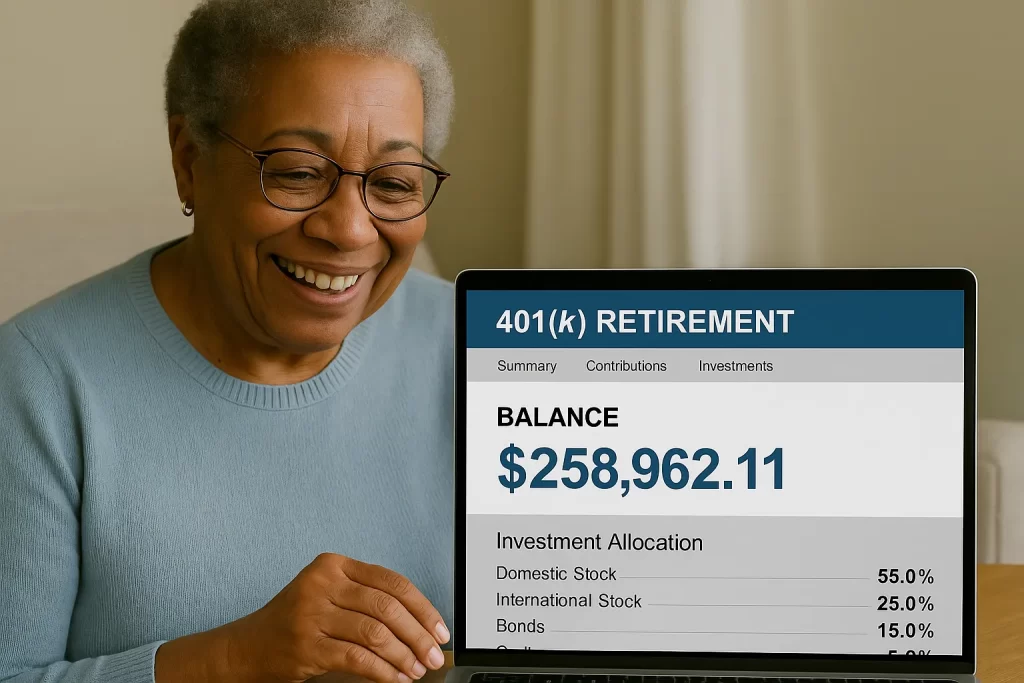 a woman showing her 401k and smiling
