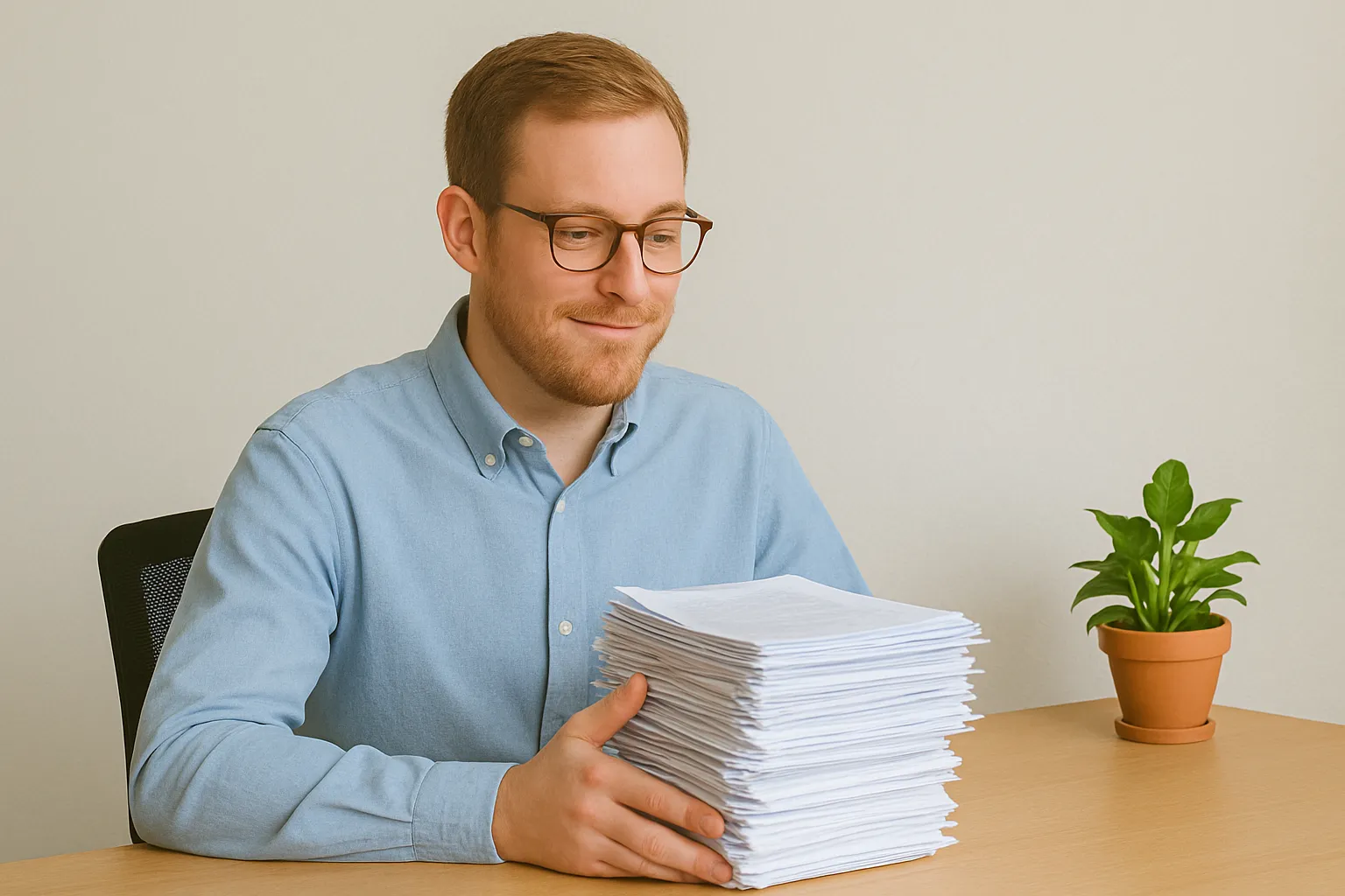 man with stack of tax documents