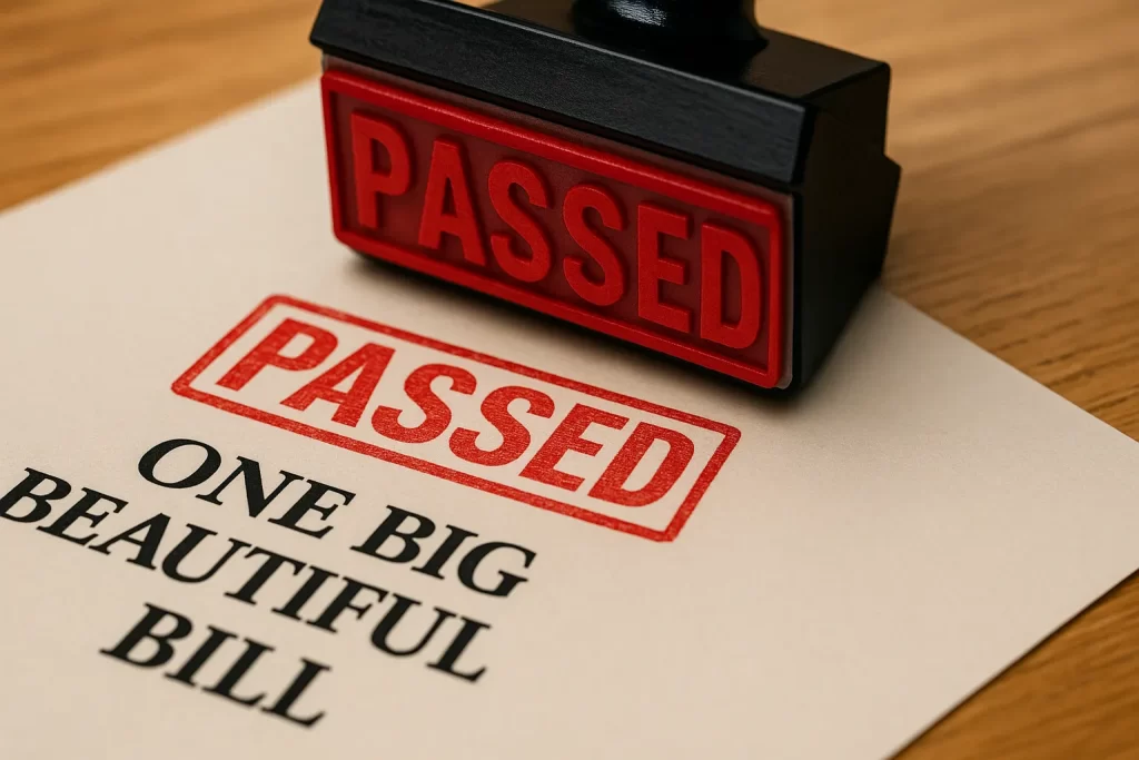 One Big Beautiful Bill with a stamp that says 'passed'