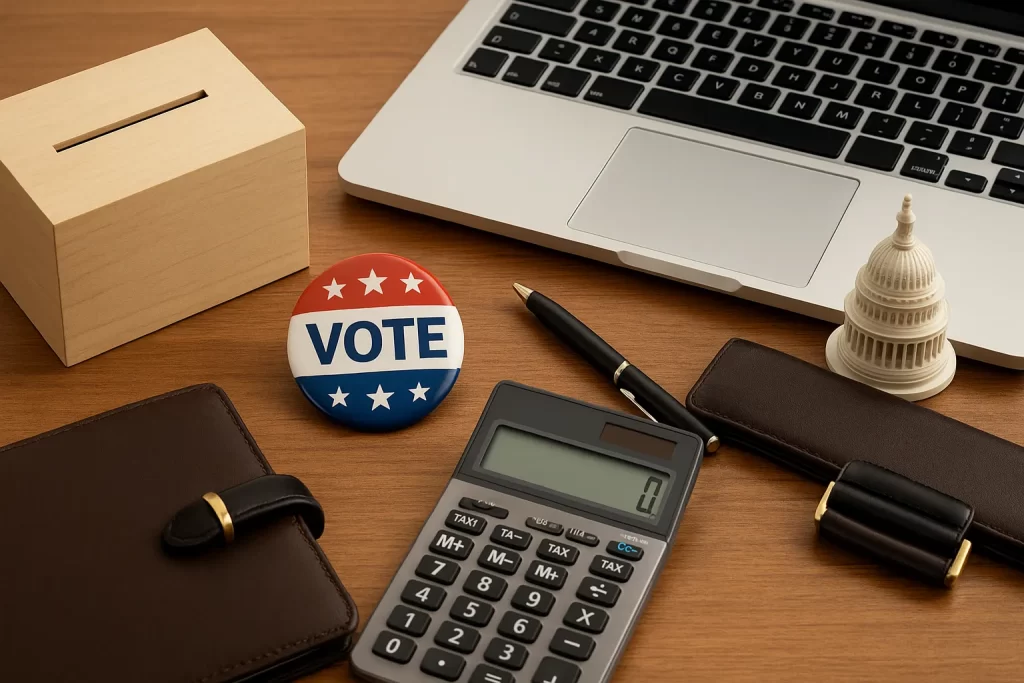laptop, vote pin, and calculator depicting political donations