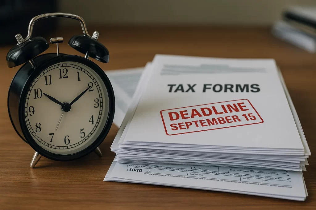 Alarm clock next to a stack of tax documents, highlighting the urgency of the September 15 filing deadline