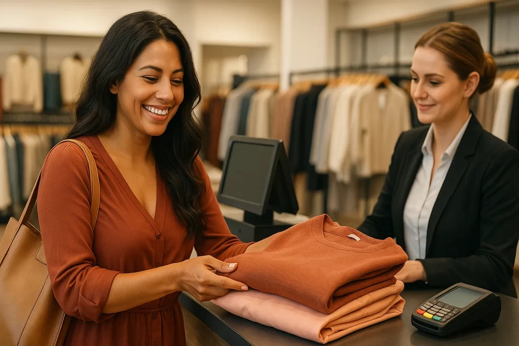 woman buying clothes at checkout during tax-free weekend