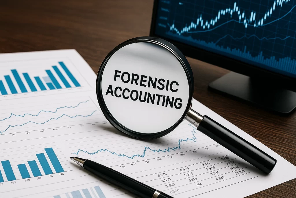a magnifying glass with papers that says 'forensic accounting'