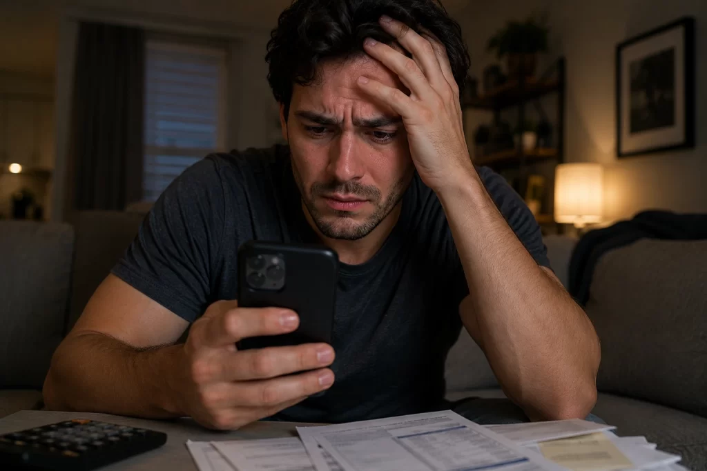 man stressed while looking at his phone