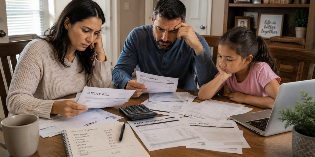 family at the table looking at expenses