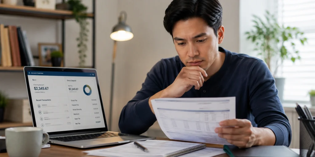 an employee looking at pay stub
