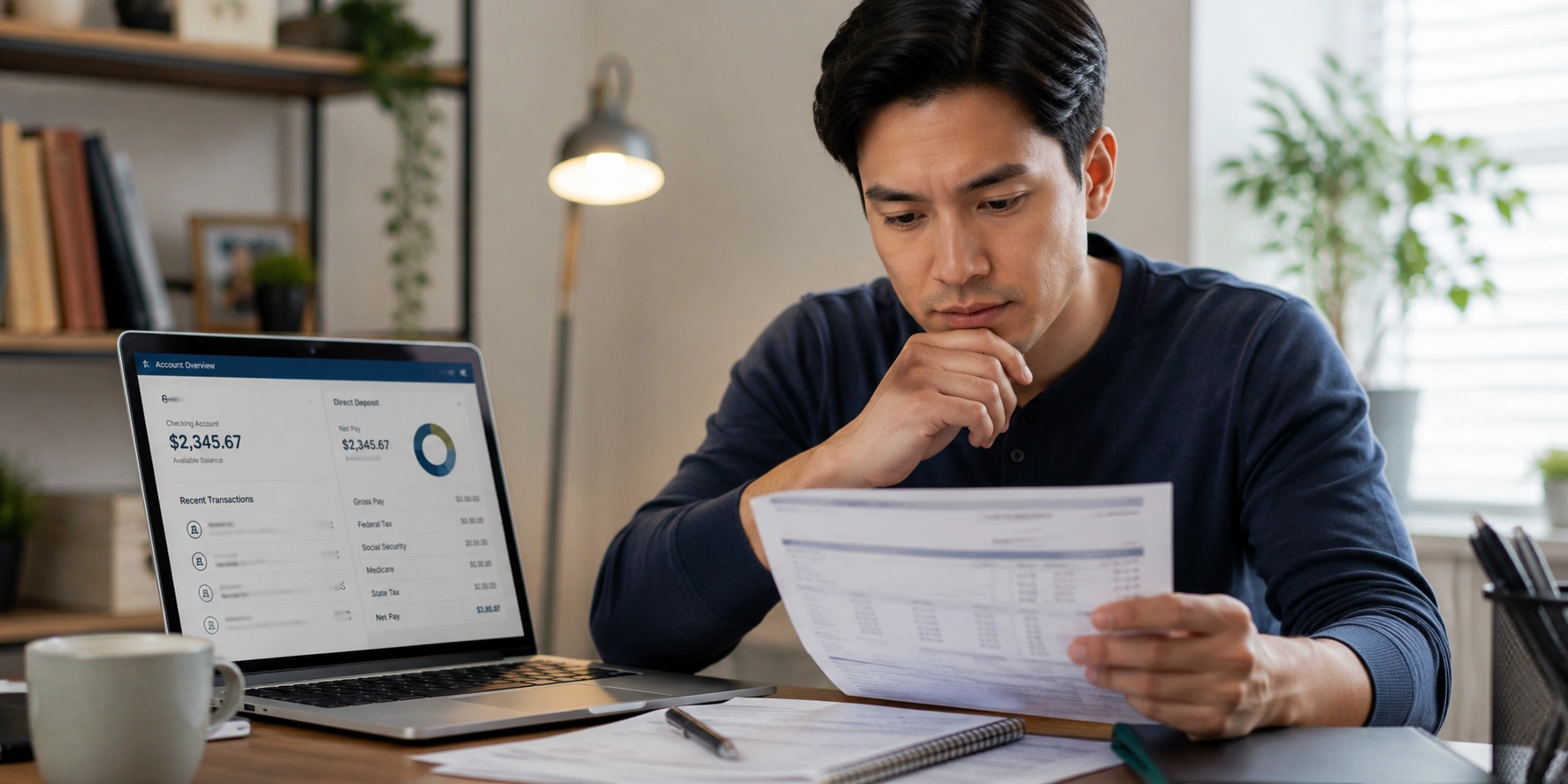 an employee looking at pay stub
